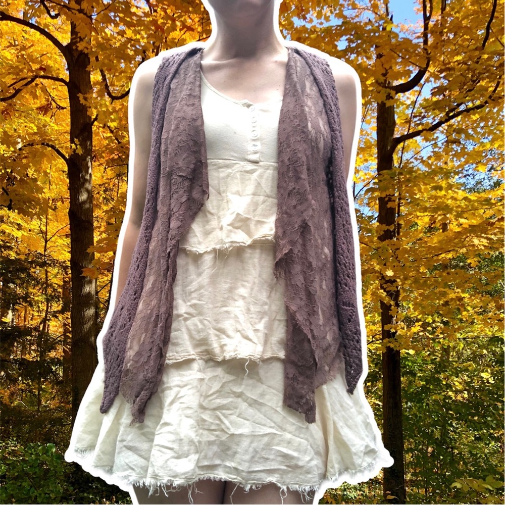 True Vintage y2k Daytrip Mixed Media Chocolate Knitted Vest with Lace Trim